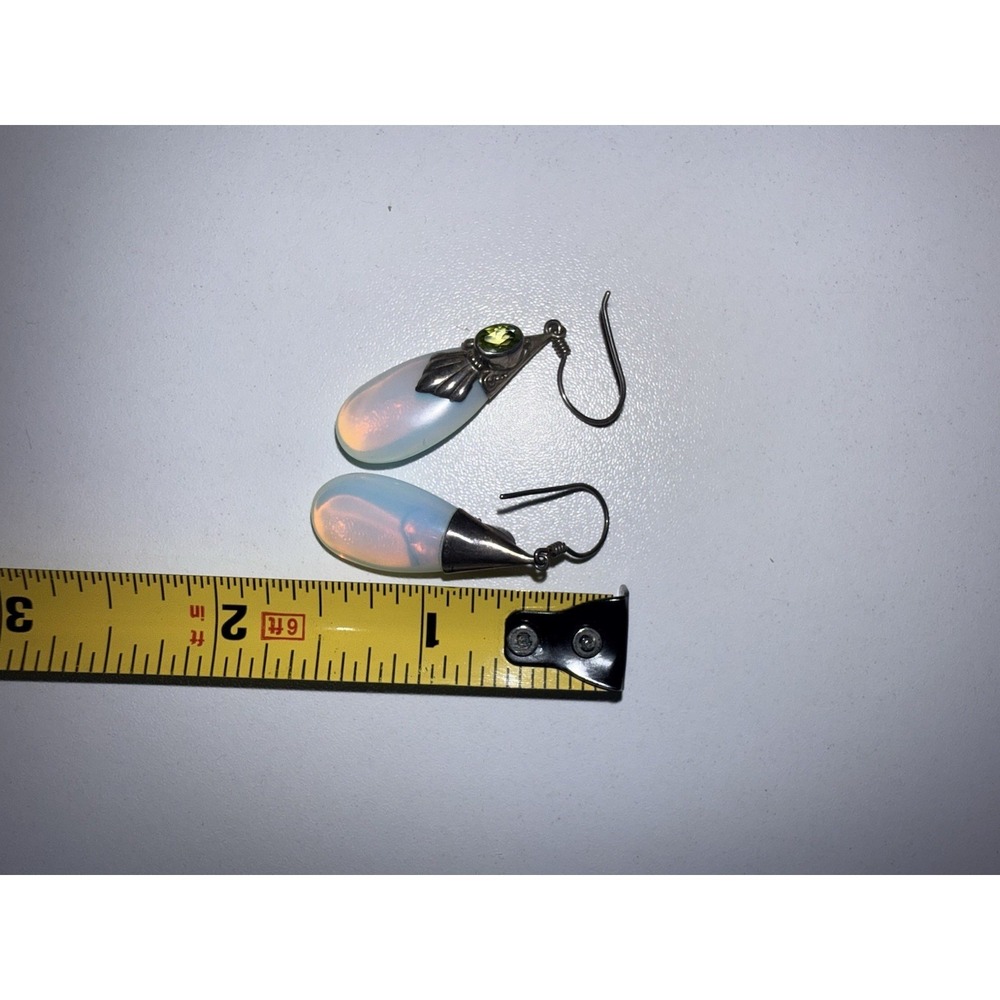 VTG Hook Earrings Opalite Glass Teardrop Green Peridot 925 Sterling - Picture 5 of 5